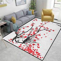 YucouHome Nature Sports Door Mats Inside Non Slip, Sakura Blossom Japanese Cherry Tree Garden Summertime Vintage Cultural Print, Fashionable High Class Living Dinning Room(4'x 6') Grey and Vermilion