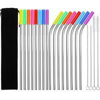 Coobey 16 Pieces Stainless Steel Straws 8.5 Inch Reusable Drinking Metal Bent and Straight Straws with 4 Pack Cleaning Brushes,16 Pack Multicolored Silicone and Storage Pouch (8.5 inchs)