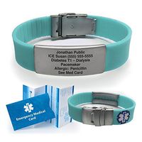 Silicone Sport Medical Alert ID Bracelet - Teal (Incl. 5 line of Custom Engraving). Choose Your Color! -