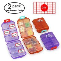 Muchengbao 2Pack Travel Pill Organizer， Pocket Pill Box Pill case for Purse Vitamin Fish Oil 10 Compartments Container Medicine Box (New Orange + Purple)