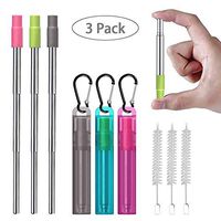 Metal Reusable Collapsible Straws with Silicone Tip, Telescopic Portable Stainless Steel Reusable Straws with Case & Cleaning Brush, Keychain Drinking Straw for Travel, School, Picnic 3 Pack