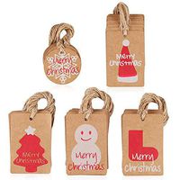 50pcs Kraft Paper Christmas Holiday Gift Tags with Twine String Tie on Gift, Christmas Trees Decor, Gift Tags with Xmas Tree, Santa Claus, Snowflake, Stocking, Xmas Hat, Cute Tags for Wrapping Gift