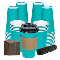 Savourio Coffee Cups with Lids – Disposable Coffee Cups 100 Pack Paper Cups with Stirring Straws, Lids, Sleeves, Hot Coffee Container – Tall Tea Cup to Go – Leakproof Paper Sleeves Cups (Sea Green)
