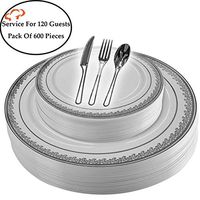 Tiger Chef Plastic Dinnerware 600 Piece Set Service For 120 Guests Includes 120 10.75-inch Dinner Plates 120 7-inch Salad Plates 120 Cutlery Sets Forks, Spoons, And Knives Disposable BPA Free