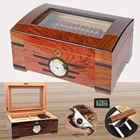 COMMODA Desktop Cigar Humidor Tempered Glasstop with Front Mounted Hygrometer Humidifier Storage Box Wooden Tray Divider, Holds 150 Cigars，Free Digital Humidity Thermometer Cutter Stand