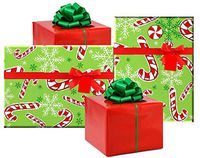 Set of 4 (2 Bright Red and 2 Red/Green/White Candy Cane) Holiday/Christmas Deluxe- Gift Wrap Wrapping Paper with Gift Tags