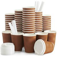 Insulated Disposable Coffee Cups with Lids & Straws 12 oz, 100 Packs - Paper Cups for Hot Beverage Drinks To Go Tea Coffee Home Office Car Coffee Shop Party - FDA Approved (brown)