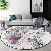 RUGSMAT Floral Modern Machine Round Bath Mat,Portrait of A Beautiful Woman with Flowers On Her Hair and Butterflies Pattern Non-Slip No-Shedding Kitchen Soft Floor Mat,Round-51 Inch