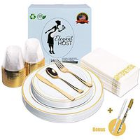 201 Piece Gold Disposable Plastic Party Plates Set of 25 Fancy Tableware Wedding Christmas Thanksgiving Dinnerware - Elegant Plate Cups Silverware Napkins Mini Appetizer Picks Marker for All Occasions
