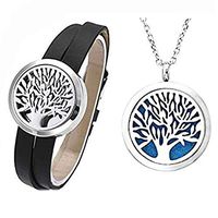 Jovivi 30mm Tree of Life Essential Oil Diffuser Locket Detachable Genuine Leather Bracelet and Aromatherapy Pendant Necklace Set w/ 12 Felt Pads and Box