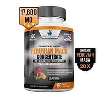 Maca Organic Powder - 17,600 miligram Per Capsule - Black, Red, Yellow Root Peru Grown with Black Pepper Extract for Absorption Increase Energy, Stamina, Libido, Mood, Hormone - 60 Vegan Capsules