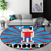 RUGSMAT Video Games Carpet Gray Round Area Rug,Blue and Red Striped Boom Beams Retro 90S Toys Boy with Cap Pattern Floor Seat Pad Home Decorative Indoor,Round-71 Inch Vermilion Blue White Black