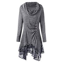 Dermanony Women's Long Sleeve Tunic Tops Fashion Lace Patchwork Button Bow-Neck Scarf Solid Color Irregular Mini Dress Gray