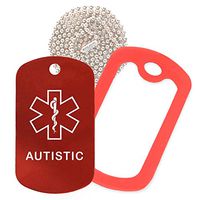 Autistic Medical Alert ID Necklace with Red Tag, Red Silencer, and 30'' USA Chain - 154 Color Choices