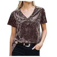 Coupondeal Women Velvet Patchwork Short Sleeve Sweatshirt Pullover Shirts Top Blouse(Brown,L)