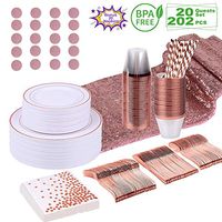 202 PCS 20 Guests Elegant Rose Gold Plastic Plates, Disposable Plastic Dinnerware Set Includes Plates, Napkins, Cutlery, Cups, Straws, Banner & Rose Gold Table Runner for Birthday, Dinner & Parties.