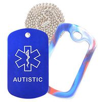 Autistic Medical Alert ID Necklace with Blue Tag, Red/White/Blue Silencer, and 30'' USA Chain - 154 Color Choices
