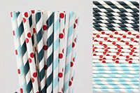 Red, Navy, Light Blue Paper Straw Mix - Striped and Polka Dots (75)