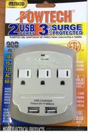 3 Outlet Surge Protector Wall Tap w/ 2 USB Ports - 900 Joules