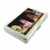 Cigarette Case with Built in Lighter Vintage Las Vegas Gamble S6 Smoking King Size Cigarettes Silver Metal Wallet 4" X 2.75" RFID Protection Classic Strip