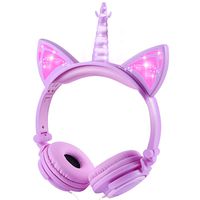 Isightguard Unicorn Kids Headphones Cat Ear Headphones with LED Glowing Wired Kids Headphones 85dB Volume Limited Over Ear Headphones for Girls,Purple