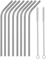 Reusable Stainless Steel Bent Straws WEEGCN 2-SET 60MM Aperture Drinking Metal Straws,Ultra Long Wide Safe Straws for Smoothies, Milkshakes Cleaning Brushes & Storage Pouch (Silver)