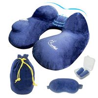 3000Miles Inflatable Travel Neck Pillow Set Velvet Deluxe Soft Compact Backpack Washable Cover with 3D Contour Eye Mask,Earplugs Travel Pack for Lightweight Support in Airplane (Blue)