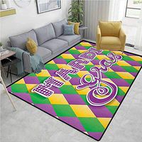 YucouHome Mardi Gras Floral Door Matts Indoors, Stylized Mardi Gras Lettering on Classical Diamond Line Backdrop, Fashionable High Class Living Bedroom Rugs(6'x 9') Violet Fern Green Marigold