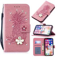 3D Crystal Flower Wallet Case for iPhone 7/iPhone 8 4.7",Aoucase Cute Pinapple Painted Diamond Magnetic Strap PU Leather Card Slot Shockproof Flip Stand Case with Black Dual-use Stylus,Pink