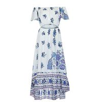 muyuhan Women's Loose Short Sleeve Floral Print Off Shoulder Long Maxi Dress Sundress(Blue,XL)