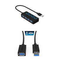 Sabrent 4-Port USB 3.0 Hub with Individual Power Switches and LEDs with 6 ft 22AWG USB 3.0 Extension Cable A-Male to A-Female [Black]