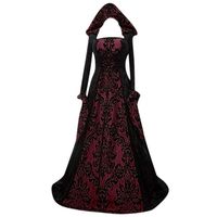 Womens Black Hooded Medieval Dress Vintage Gothic Cosplay Dresses Renaissance Costumes Gown Lace Up Floor Length Maxi Dress (Red, 2XL)