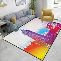 YucouHome London Floral Area Rug Soft, Historical Big Ben and Bus Great Bell Clock Tower UK Europe Street Landmark, Durable Rugs - Living, Dinning, Office, Rooms & Bedrrom, Hallway Carpet(4'x 6')