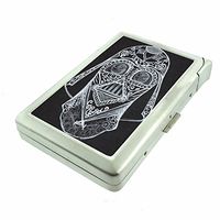 Cigarette Case with Built in Lighter Sugar Skull S18 Smoking King Size Cigarettes Silver Metal Wallet 4" X 2.75" RFID Protection Candy
