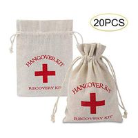 DYHQQ 20 Pcs Red Cross Bachelorette Hangover Kit, Recovery Bag Survival Kit Bags Cotton Drawstring Muslin Bag for Wedding and Party, 5.5 x 3.9 inches