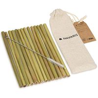 Navaris Reusable Bamboo Drinking Straws - Set of 14 Eco-Friendly Biodegradable BPA-Free Wooden Straws with Cleaning Brush and Linen Storage Bag - 8in