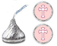 216 Pink Cross Kisses Stickers Labels - Cross for Baptism, Christening, Communion or Baby Shower, Kisses Labels Favors (Pink)