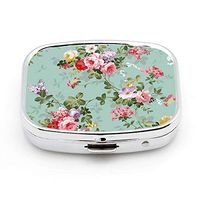 LINARTS Pill Case, Square Pill Box Compact Two Compartment Medicine Tablet Organizer for Purse Pocket Traveling - Vintage Flower