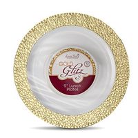 [16 Count - 9 Inch Plates] Laura Stein Designer Tableware Premium Heavyweight Plastic White Lunch Plates With Gold Border, Party & Wedding Plate, Glitz Series, Disposable Dishes