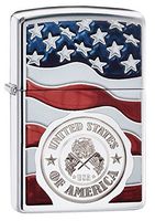 Zippo America Stamp on Flag Pocket Lighter, High Polish Chrome