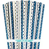 Navy Blue Silver and White Paper Straws - Polka Dot - 7.75 Inches - Pack of 100- Outside the Box Papers Brand