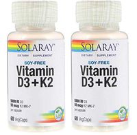 SolaRay Vitamin D3+K2 (5000 IU D3 / 50 Micrograms K2 MK-7) 60 VegCaps (Pack of 2)