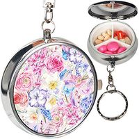 Portable Metal Pill Organizer Keychain Case Stash Box with 3 Compartments for Medicine Vitamin (Watercolor Vintage Flowers)