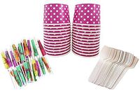 Mini Ice Cream Kit - Hot Pink White Polka Dot Paper Treat Cups - PaperUmberllas - Mini Wooden Spoons - 24 Each