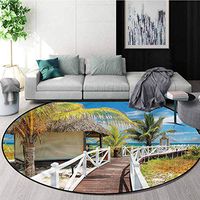 RUGSMAT Beach Machine Washable Round Bath Mat,Tropical Coast Cuba America Coffee Table Mat Non-Skid Living Room Carpet Diameter-47