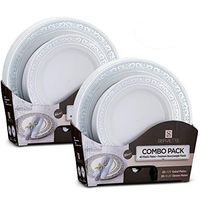 Laura Stein Designer Dinnerware Set of 80 Premium Plastic Wedding/Party Plates: White, Silver Rim. Set Includes 40 10.75" Dinner Plates & 40 7.5” Salad Plates | Servette Series