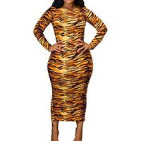 Buedvo Autumn Lady Fashion Leopard Print Dress Long Sleeve Dresses Tight Leopard Long-Sleeved Dress with Split Ends Party Street Style (S)