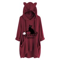 Sunhusing Womens Cute Lazy Lying Cat Printed Solid Color Long Sleeve Sweatshirt Cat Ear Hooded Pocket Tunic Tops(Wine,5XL)