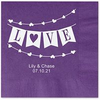 Banner Love Personalized Beverage Cocktail Napkins - 100 Custom Printed Purple Paper Napkins with choice of foil