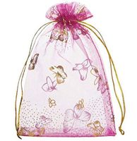Lanswe 100 Pack Sheer Organza Drawstring Bags Butterfly Floral Print Jewelry Pouches Candy Gift Bags Wedding Party Favor Mesh Christmas Pouches (Hot Pink, 4''x6'')